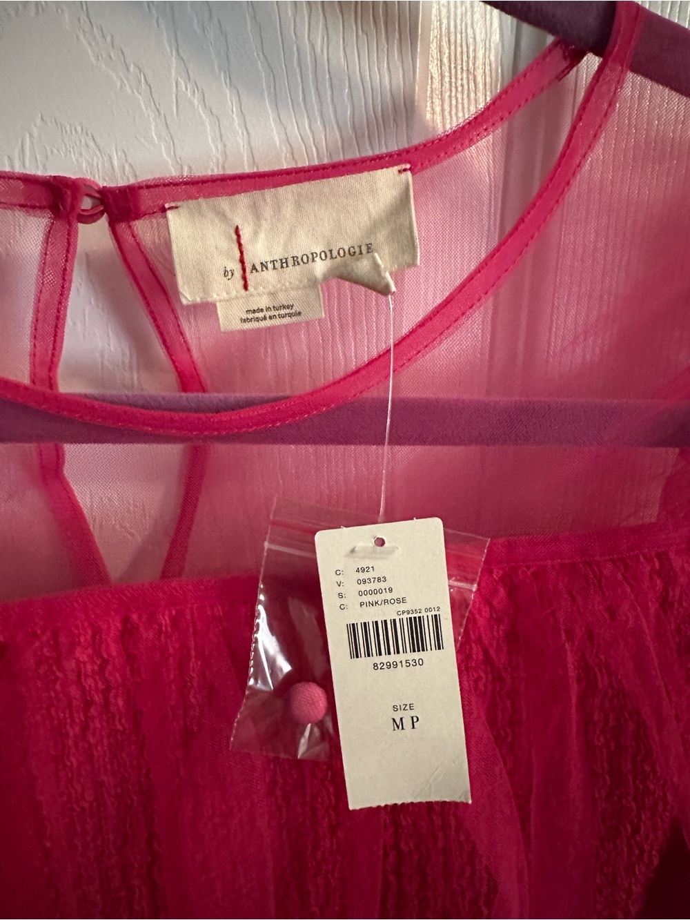 Anthropologie Sheer Puff-Sleeve Peasant Top - Hot Pink - Picture 3 of 3